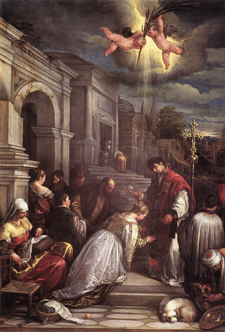 A priest in red vestments pours water over the head of a young woman kneeling on the steps of a classical building, while her family watches and two cherubs carry a martyr's palm down from the clouds