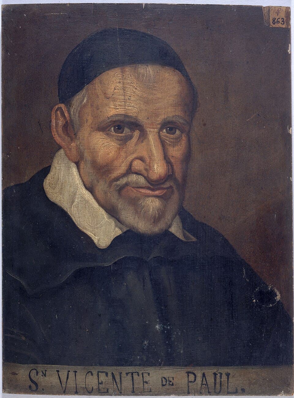 Saint Vincent de Paul as an old man in a black cassock, white collar and black skullcap, painted anonymously with his name lettered along the bottom edge