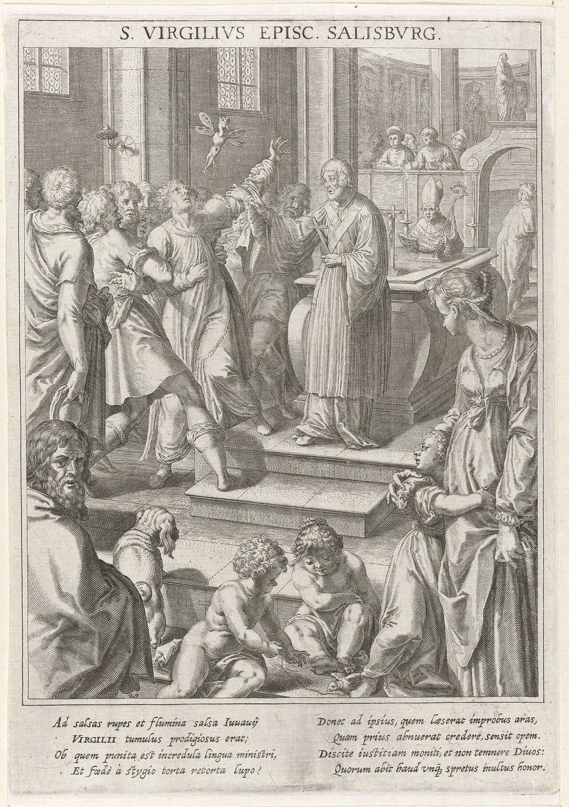 Early seventeenth-century engraving titled "S. Virgilius Episc. Salisburg": in a church, a priest holding a crucifix casts a winged devil out of a struggling man before an altar tomb, behind which appears the figure of a mitered bishop, with onlookers, a mother and children in the foreground and Latin verses below