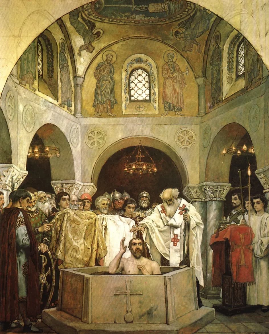 Painting of a bearded man standing bare-chested in a stone font marked with a cross while a white-vested bishop lays a hand on his head, with courtiers, soldiers and candle-bearers gathered under the gold mosaics of a Byzantine church