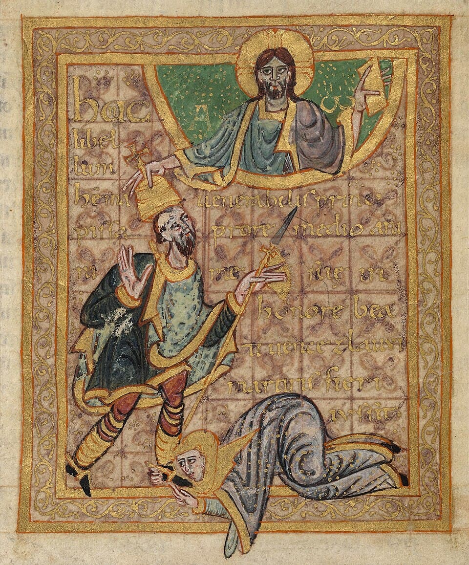An illuminated manuscript page showing Saint Wenceslaus reaching up to receive a crown from Christ, who blesses him from above, with a figure lying at his feet