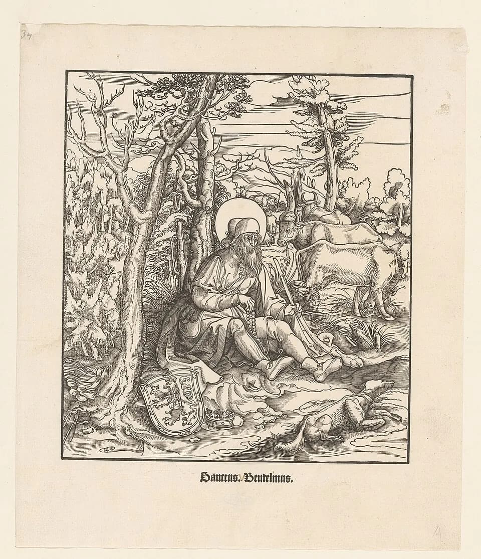 Sixteenth-century woodcut of a bearded man with a halo, wearing a hat and a herdsman's coat, sitting under a tree with a rosary in his hand and a staff against his shoulder, with cattle behind him, a dog asleep in the foreground, and a crown and a shield with a lion at his feet