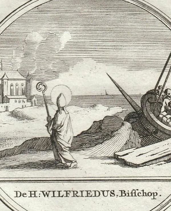 A seventeenth-century engraving of a haloed bishop in miter and cope, holding a crozier and walking along a shore away from a church, toward a stranded boat with men aboard, above the inscription "De H: Wilfriedus, Bisschop"