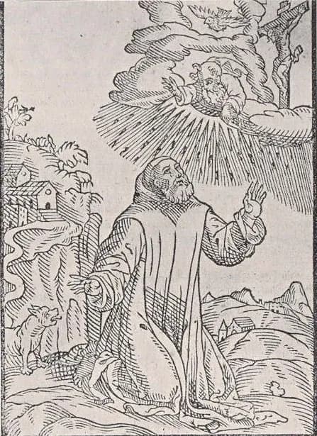 Sixteenth-century woodcut of a bearded monk in a hooded habit kneeling with raised hands before a vision of God the Father, a dove and a crucifix in the clouds, with a wolf sitting behind him and a building on a rocky hill