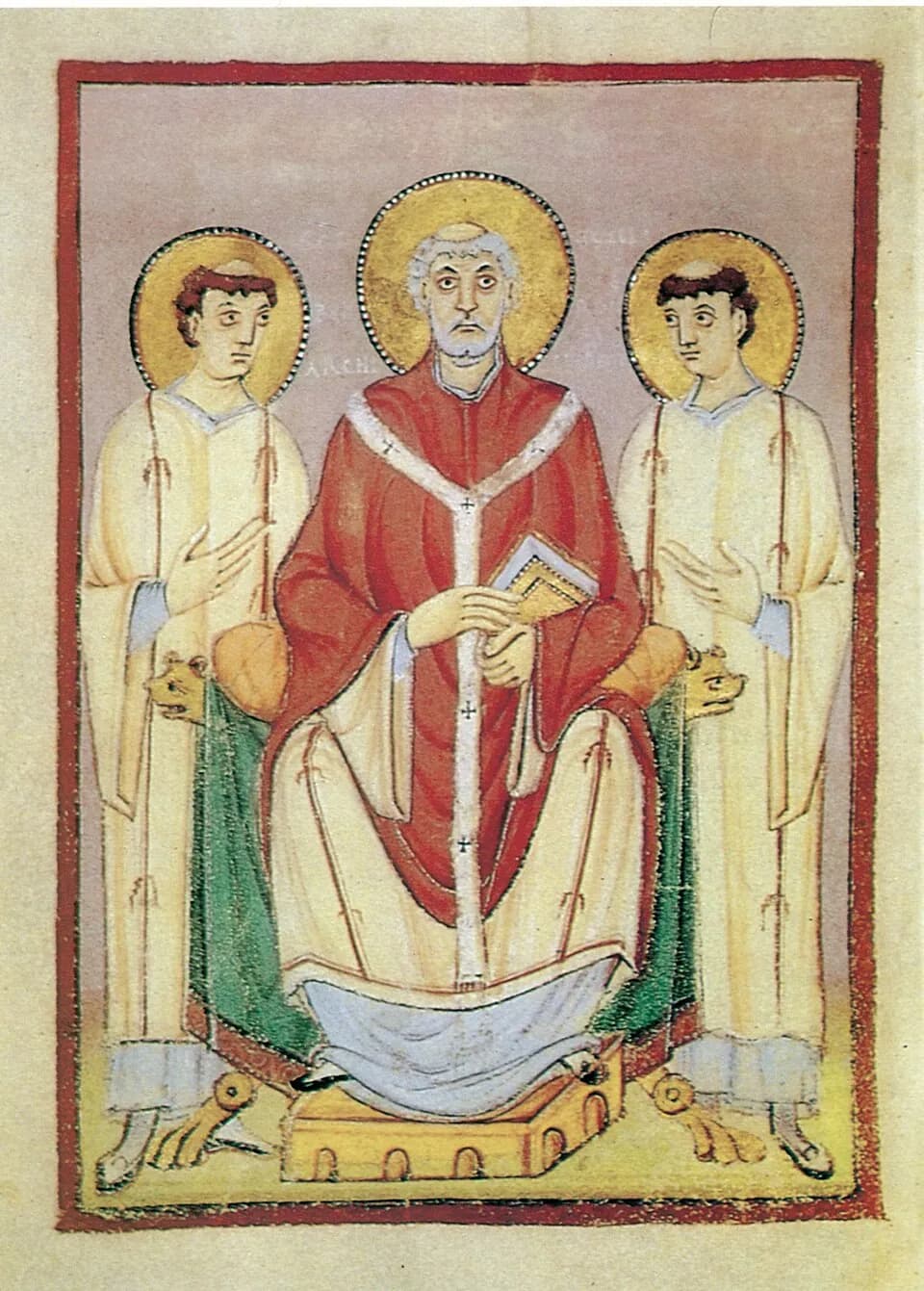 A medieval manuscript painting of a gray-haired, bearded bishop with a gold halo, seated on a throne in a red chasuble and white pallium, holding a book, between two young haloed deacons in white who raise their hands toward him