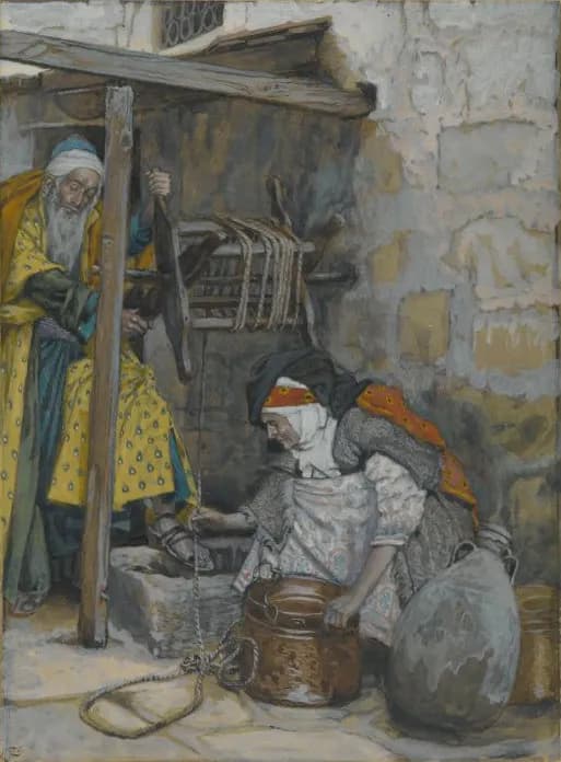Watercolor of an elderly couple at a stone well in a courtyard: a white-bearded man in a yellow patterned robe and blue turban works the wooden windlass, while a woman in a dark headscarf and orange shawl kneels to steady a copper pot beside a large clay jar