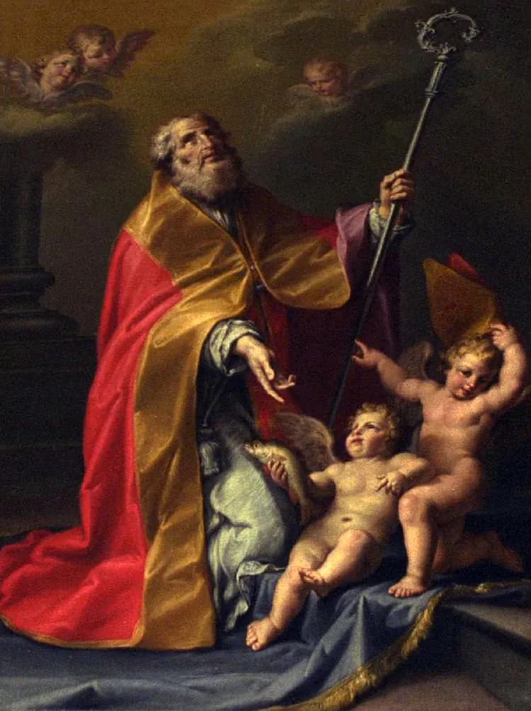 Eighteenth-century painting of an elderly, gray-bearded bishop kneeling in a red and gold cope and looking up toward cherubs in the clouds, a crozier in his left hand, while two small winged children at his knee hold his miter and a fish