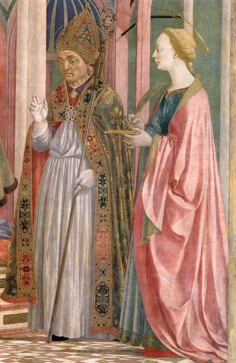 Fifteenth-century Italian painting of an elderly bishop in a jeweled miter and an embroidered green and gold cope, holding a crosier and raising his right hand in blessing, with Saint Lucy in a pink mantle standing beside him holding a palm and a dish