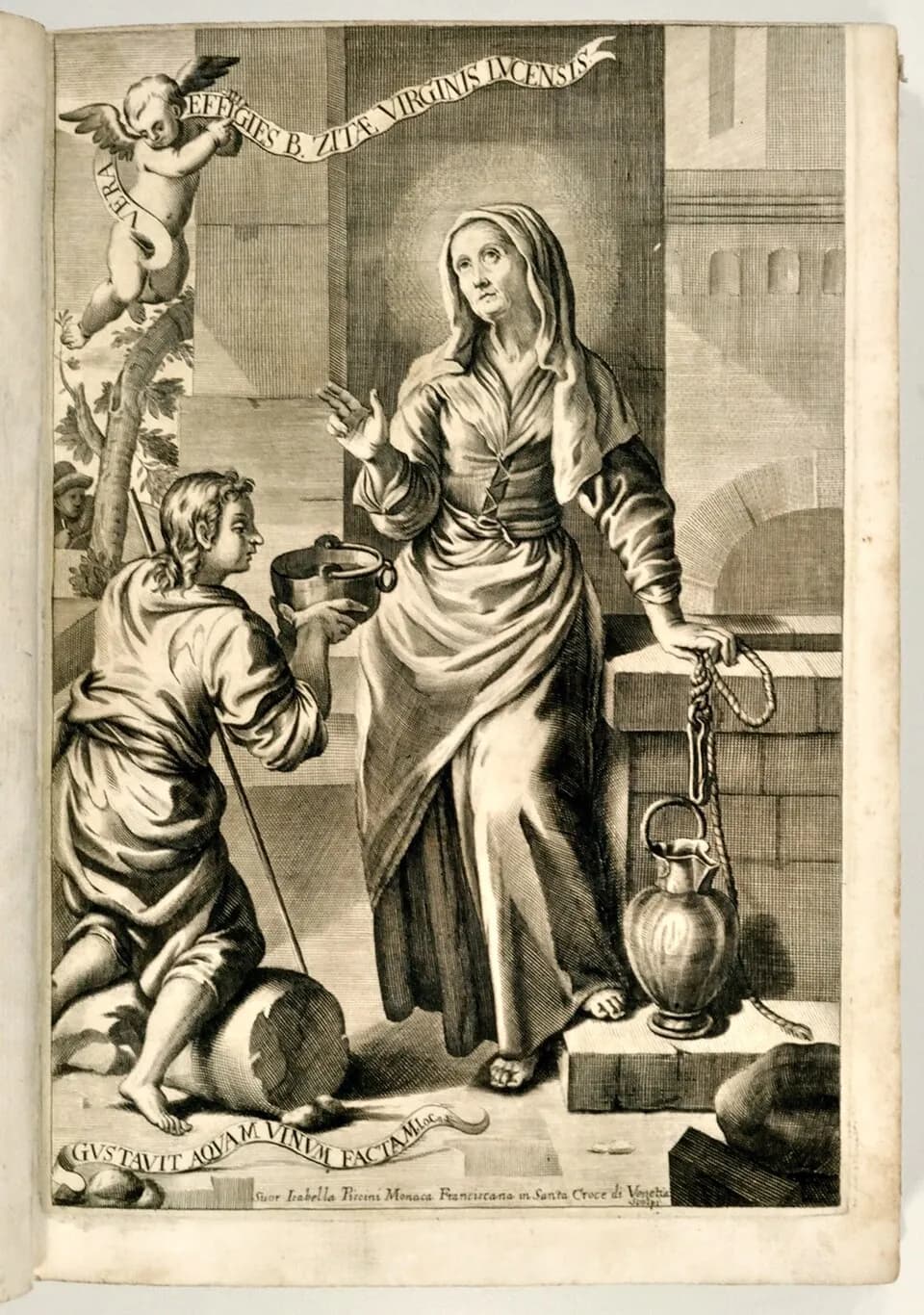 Engraved frontispiece showing Saint Zita, an older woman in a headscarf and apron with a halo, standing beside a well with a rope and a jug, raising her hand while a kneeling traveler with a staff holds out a pot to drink; a cherub above carries a banner bearing her name in Latin