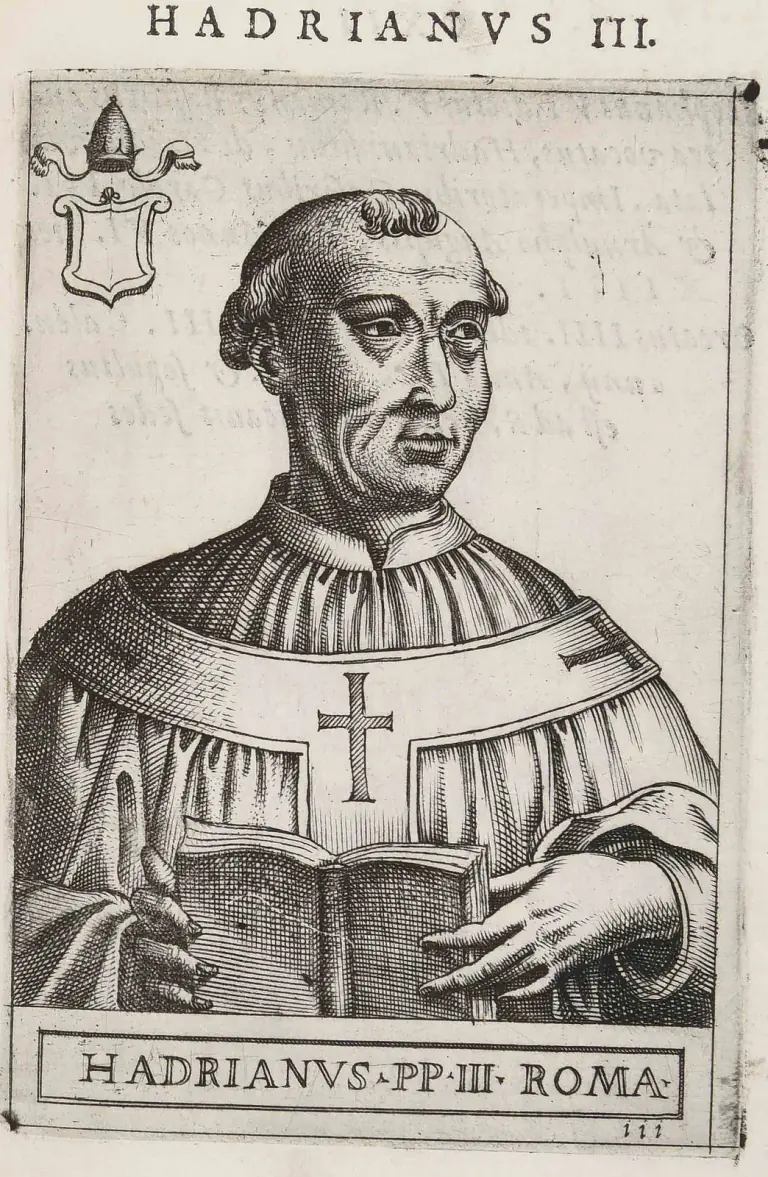 Sixteenth-century engraving of a tonsured, clean-shaven pope with a fringe of curled hair, shown half-length in a vestment with a broad band and a cross on the breast, holding an open book, with a tiara and blank shield in the corner, under the heading Hadrianus III and above the caption Hadrianus PP III Roma