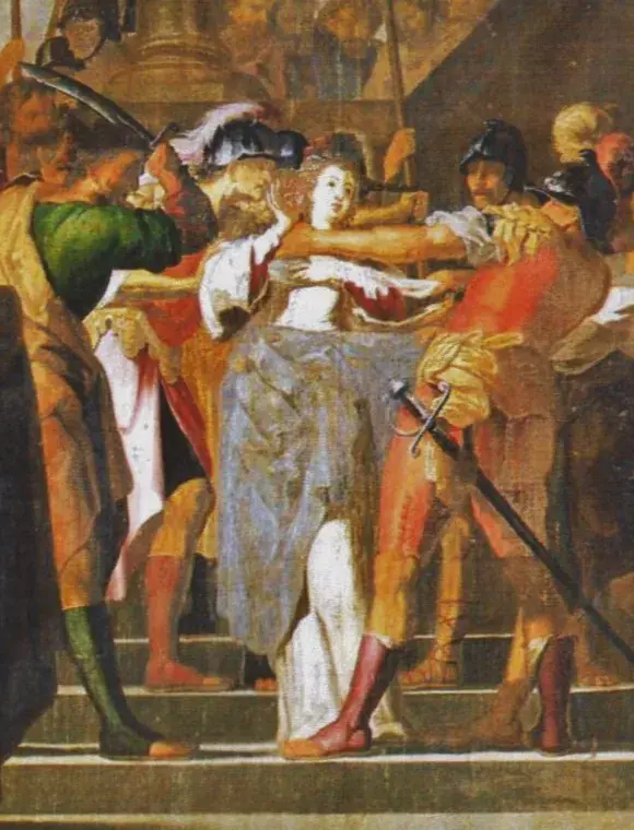 Detalle de un cuadro barroco de una muchacha rubia con vestido blanco y sobrefalda gris azulada en una escalinata de piedra, sujeta del brazo y del hombro por hombres con casco mientras se lleva una mano a la cabeza y, detrás de ella, un hombre de manga verde alza una espada curva
