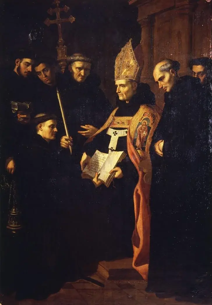 Seventeenth-century Spanish painting of a religious profession: a young Augustinian friar kneels at the lower left among friars in black habits, before Saint Thomas of Villanova in a mitre and embroidered cope who holds an open book, while a friar behind them carries a double-barred processional cross