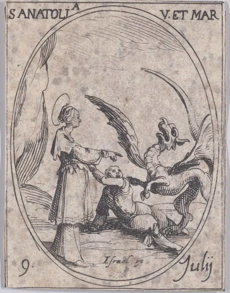Small seventeenth-century etching in an oval frame of a young woman with a halo standing at left and pointing at a winged, crested dragon, which has seized a fallen man who clings to her arm; a rocky slope behind her, inscribed S. Anatolia V. et Mar. and 9 Iulij