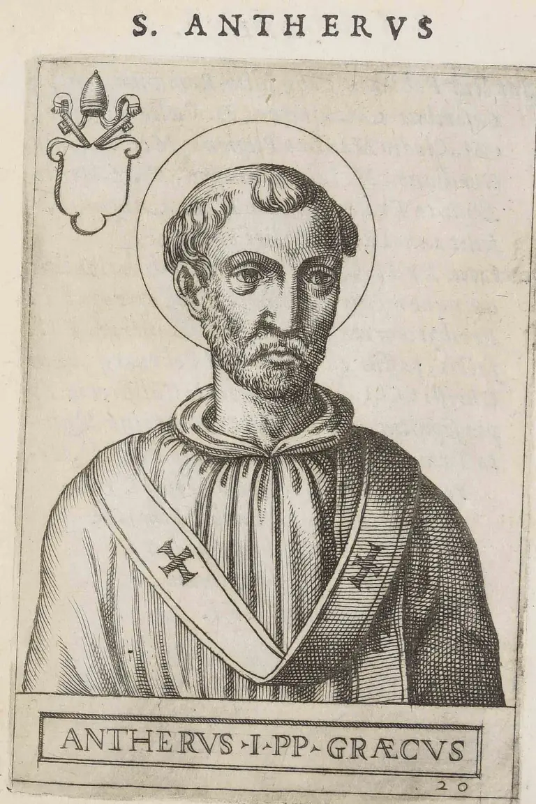 Sixteenth-century engraving of a bearded pope with short curling hair and a halo, shown half-length and turned slightly to the right, in a hooded cope with a pallium marked with crosses, an empty papal shield beneath crossed keys and a tiara in the upper corner, under the heading S. Antherus and above the caption Antherus I PP Graecus