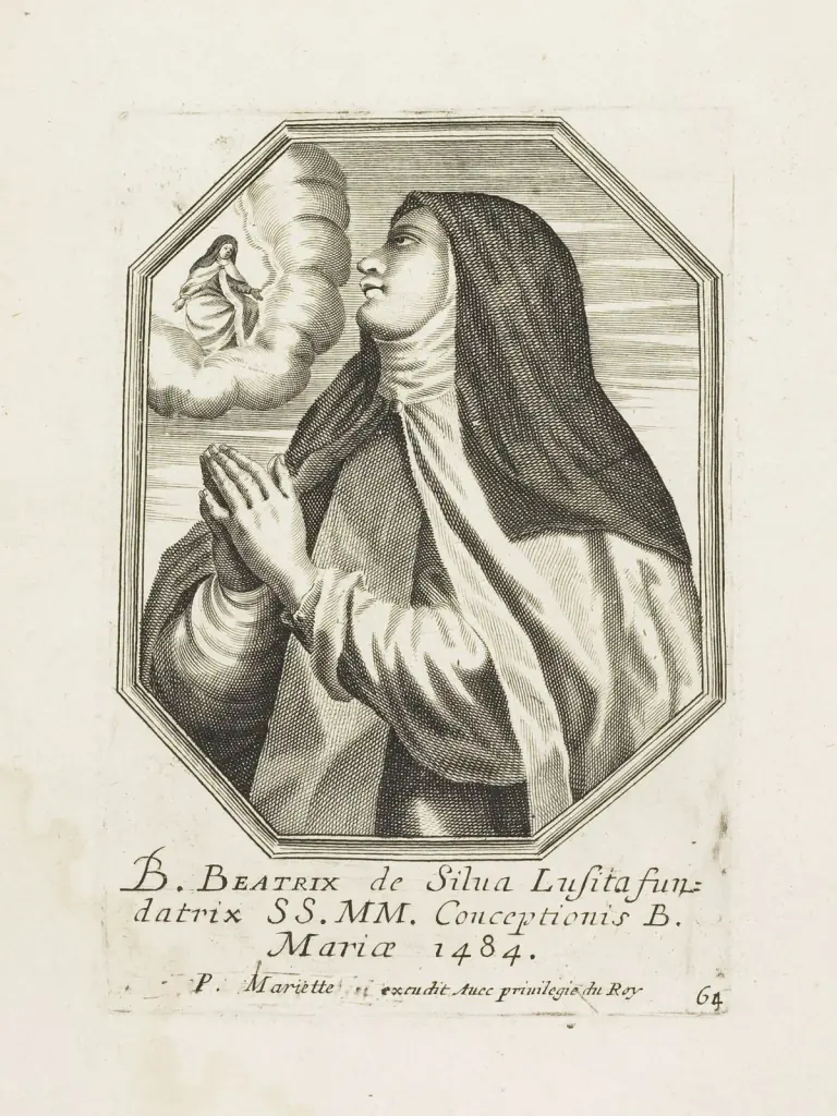Grabado antiguo en un marco octogonal de una monja con velo y manto oscuros sobre hábito blanco, con las manos juntas en oración, que mira hacia una pequeña figura de la Virgen María sobre una nube, con una inscripción latina debajo que nombra a Beatriz de Silva fundadora de las concepcionistas en 1484