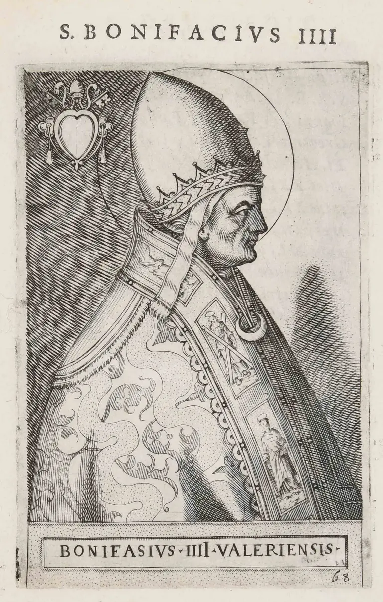 Sixteenth-century engraving of a pope with a halo shown half-length in profile facing right, wearing a tall crowned tiara and a cope fastened with a round morse, its embroidered band showing small standing saints, a blank papal coat of arms with crossed keys and a tiara in the upper corner, under the heading S. Bonifacius IIII and above the caption Bonifasius IIII Valeriensis