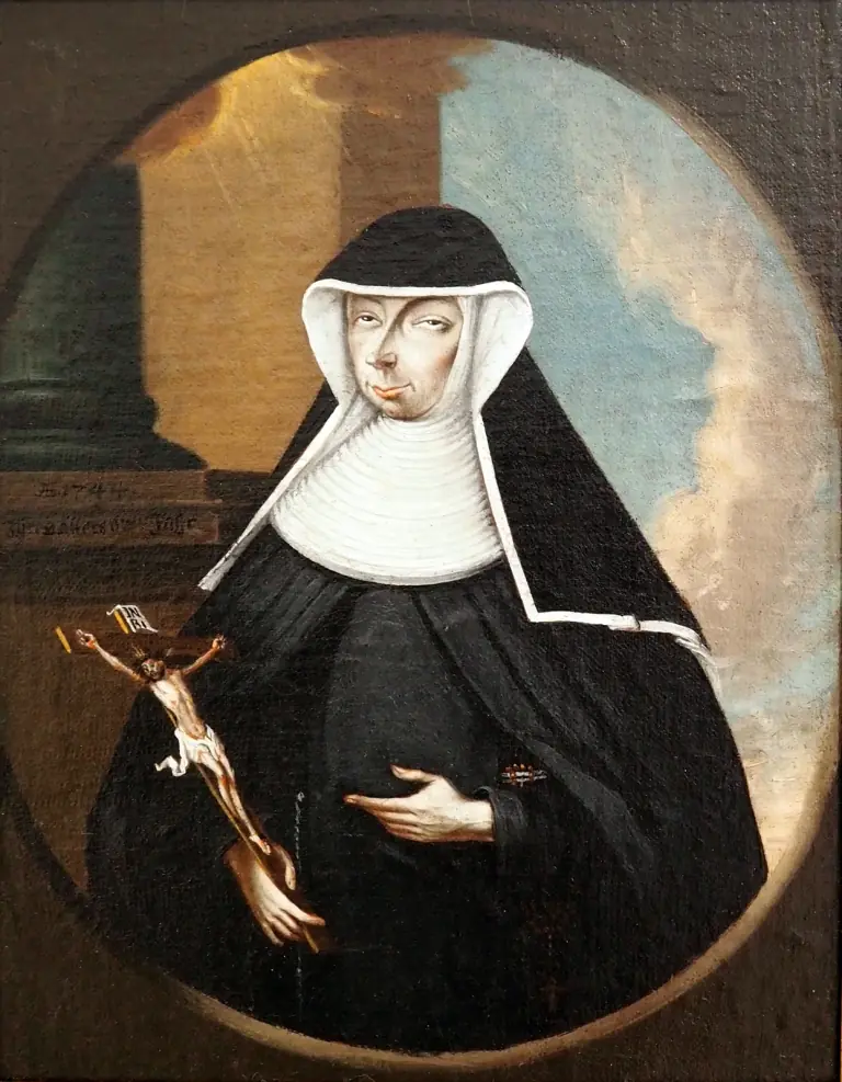 Eighteenth-century oil portrait of a nun in a black veil over a white wimple and pleated white collar, holding a crucifix in her right hand, set within a painted oval with a column and cloudy sky behind her