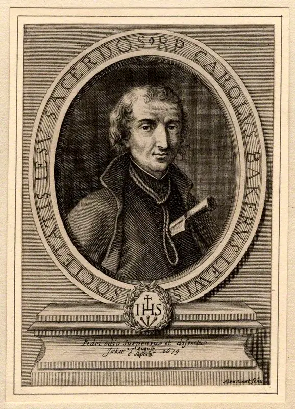 Seventeenth-century engraved portrait of a priest with long hair in a cassock and collar, a hangman's rope around his neck and a knife at his breast, inside an oval border lettered with his Latin name and title, above the IHS monogram and a Latin inscription recording his death at Usk in 1679