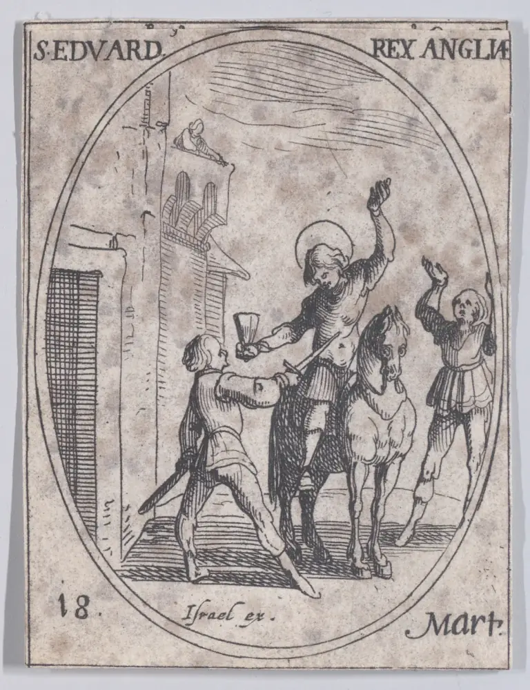 Small seventeenth-century etching in an oval frame: a young king with a halo, seated on a horse, raises a cup while a man in front of him draws a sword; a woman watches from a window high in a tower and a servant behind the horse throws up his arms