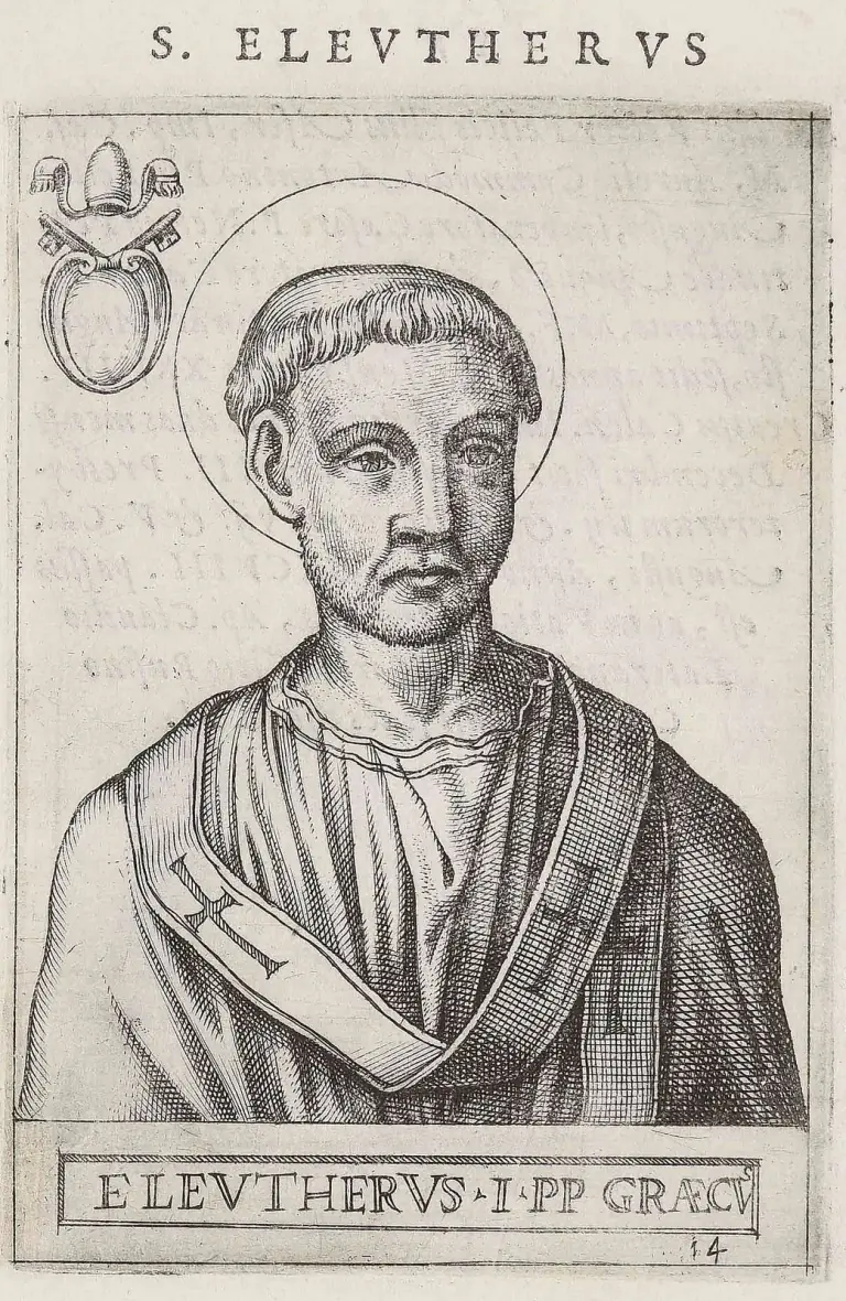 Sixteenth-century engraving of a pope with a halo, short hair and a short beard, shown half-length in a plain robe with a pallium marked with a cross, the papal tiara and crossed keys over a blank shield in the upper corner, under the heading S. Eleutherus and above the caption Eleutherus I PP Graecus