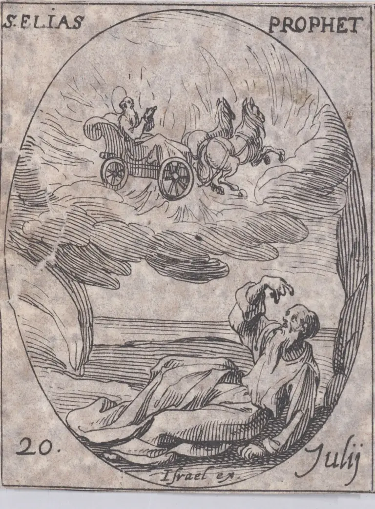 Small seventeenth-century etching in an oval frame: in the sky an old man with a halo rides a chariot drawn by two rearing horses through clouds and rays of light, while below a bearded man in a cloak lies on the ground looking up with one hand raised; inscribed S. Elias Prophet, 20 Julij.