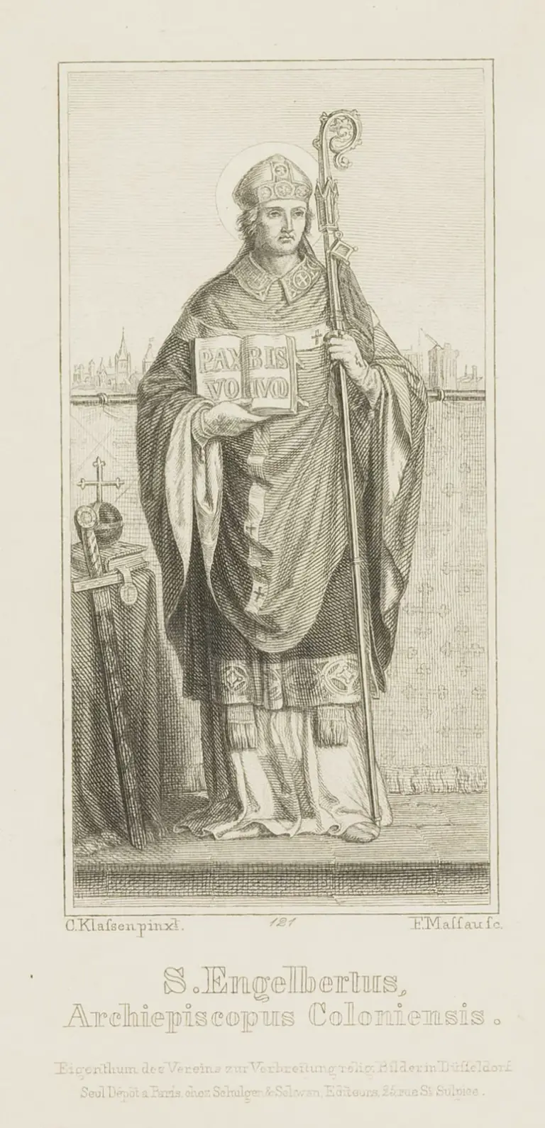 Nineteenth-century etching of a young, beardless archbishop with a halo, mitre and pallium, standing with a crozier and holding an open book lettered Pax Vobis, a sword and an orb on a table beside him and city towers behind, above the caption S. Engelbertus, Archiepiscopus Coloniensis