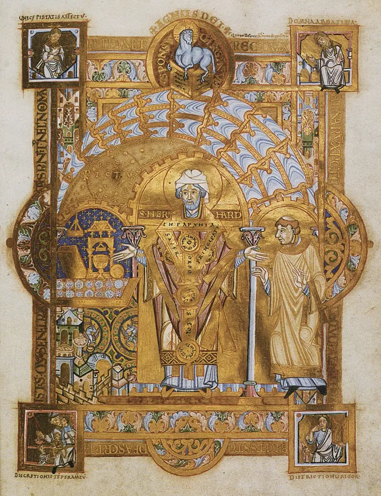 Página de manuscrito del siglo XI con fondo de oro: un obispo con la inscripción S. Herhard, revestido, de pie en el centro bajo un arco dorado, con las manos extendidas hacia un altar con un cáliz, un diácono a su lado y el Cordero de Dios arriba, dentro de un marco enjoyado con pequeñas figuras en las esquinas