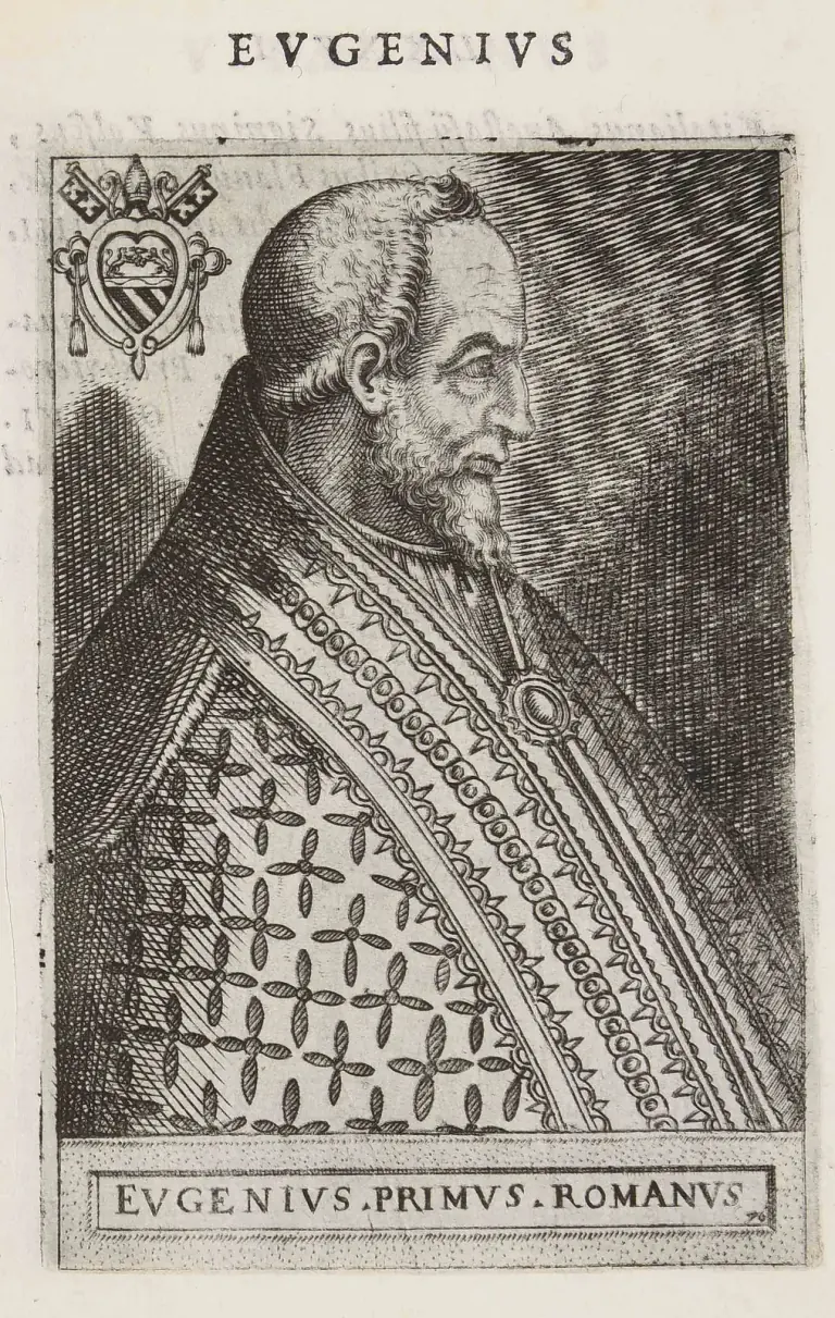 Sixteenth-century engraving of a bearded, balding pope shown half-length in right profile, in a cope patterned with small crosses and edged with a broad band of rings, with a coat of arms under a tiara and crossed keys at upper left, headed Eugenius and captioned Eugenius Primus Romanus