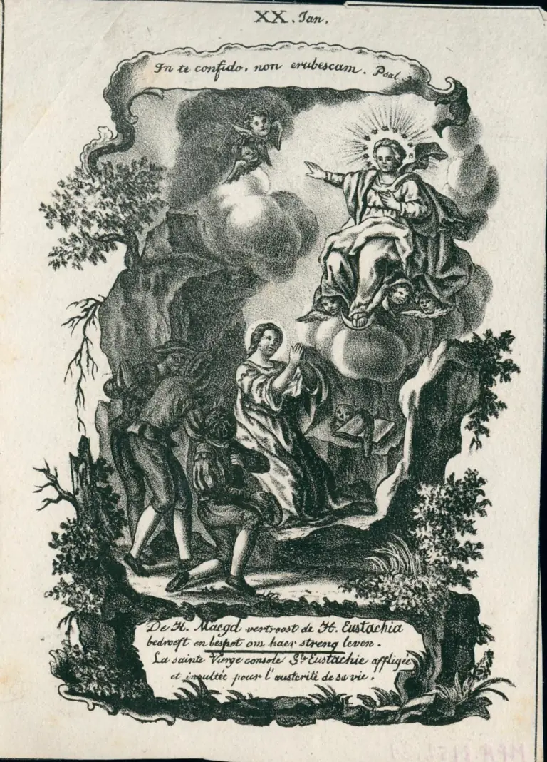Lithographed devotional print headed January 20: a young woman with a halo kneels in prayer in a rocky landscape while two men mock her, and the Virgin Mary appears above in clouds with cherubs, stretching out her hand toward her, above a caption in Dutch and French
