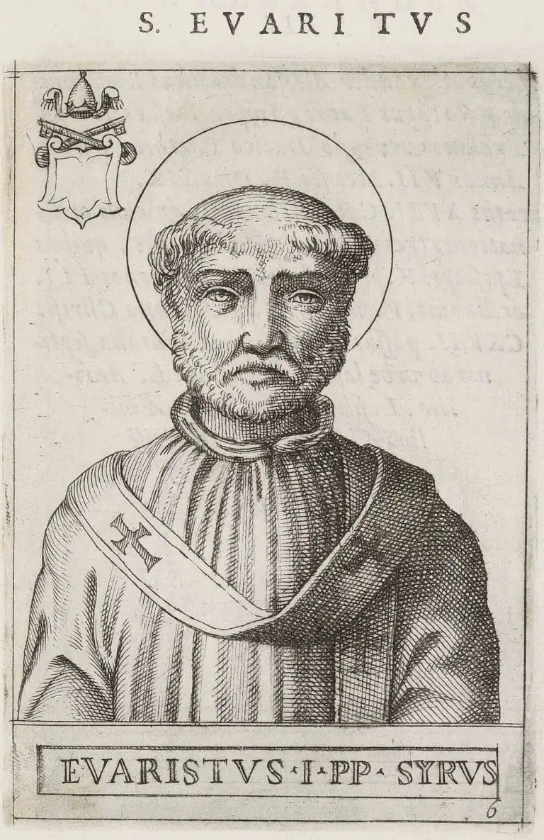 Sixteenth-century engraving of a bearded, tonsured pope with a halo, shown half-length facing the viewer in a high-collared vestment and a pallium marked with crosses, the papal tiara and crossed keys above a blank shield in the upper corner, headed S. Evaritus and captioned Evaristus I PP Syrus