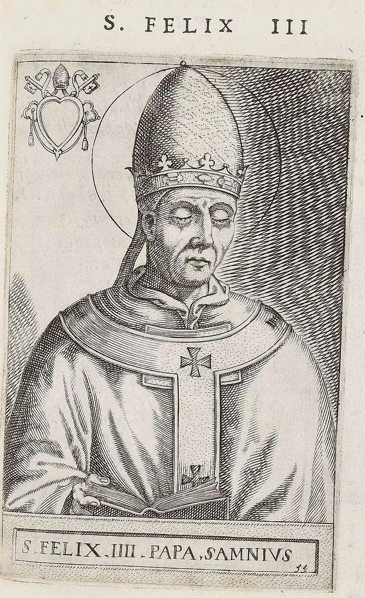 Grabado del siglo XVI de un papa sin barba, con aureola, de medio cuerpo y con la mirada baja, con una tiara alta de una sola corona y un palio marcado con cruces, sosteniendo un libro abierto, con armas papales de tiara y llaves cruzadas sobre un escudo en blanco en forma de corazón arriba a la izquierda, bajo el encabezado S. Felix III y sobre la leyenda S. Felix IIII Papa Samnius