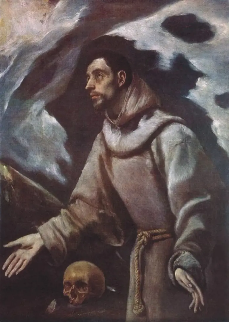 Saint Francis of Assisi in ecstasy, holding a skull, painted by El Greco around 1580
