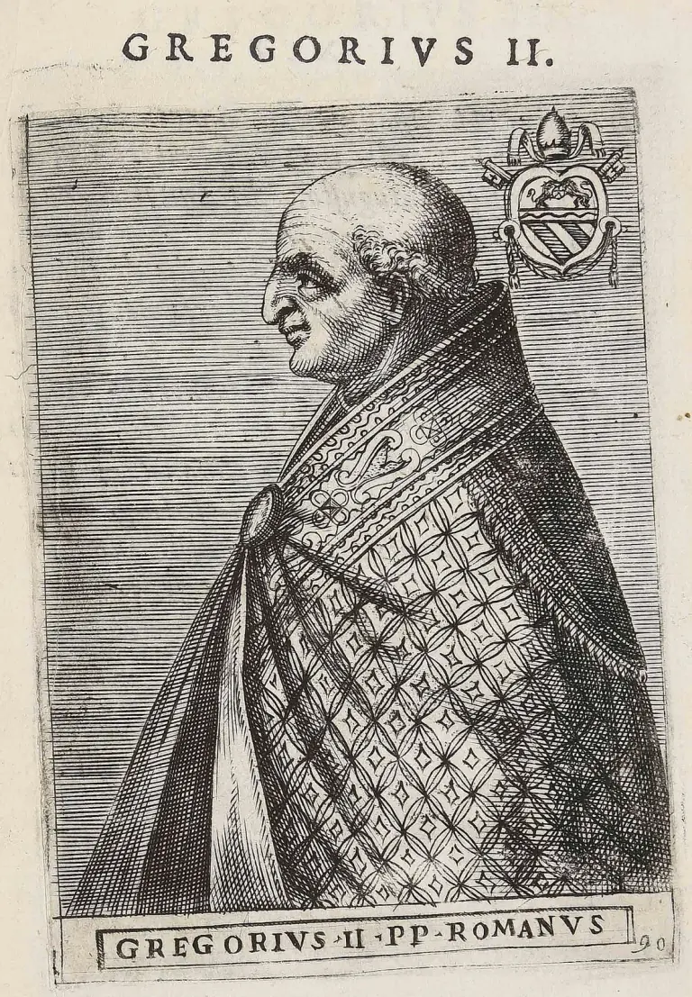 Sixteenth-century engraving of a bald, clean-shaven pope in profile facing left, wearing a cope patterned with lozenges and fastened with a round clasp, a coat of arms under a tiara and crossed keys at upper right, under the heading Gregorius II and above the caption Gregorius II PP Romanus