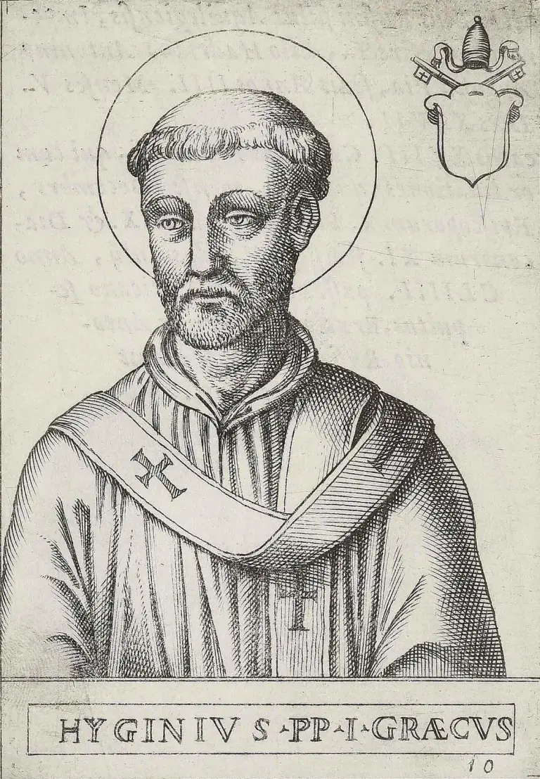 Sixteenth-century engraving of a bearded, tonsured pope with a halo, shown half-length facing the viewer in a hooded vestment and a pallium marked with crosses, the papal tiara and crossed keys above a blank shield in the upper corner, above the caption Hyginius PP. I Graecus