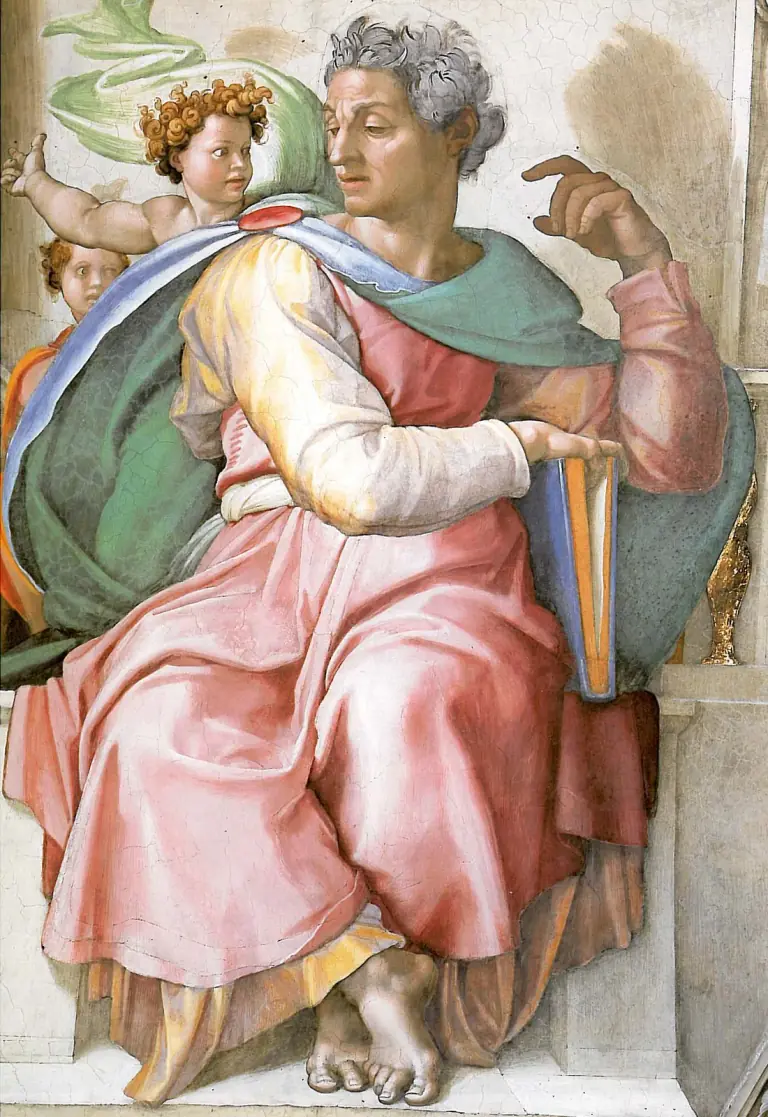 Fresco of a gray-haired man in a rose robe and green mantle seated on a stone throne, turned to his left with one hand keeping his place in a closed book and the other raised, while a curly-haired child behind his shoulder points away and a second child peers out from behind him