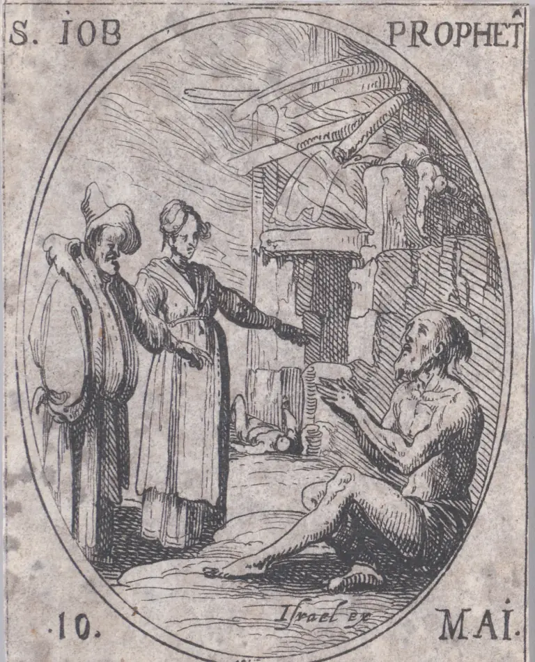 Small seventeenth-century etching in an oval frame of a gaunt, bald, bearded man sitting nearly naked on the ground with his hands raised, looking up, while a woman in an apron points at him and a man in a fur-trimmed coat and tall hat stands beside her; behind them a house is falling in, inscribed S. IOB PROPHET and 10. MAI.