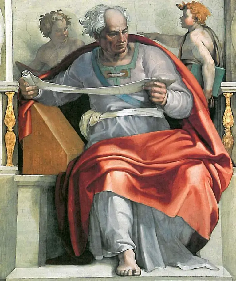 Fresco of a gray-haired, balding old man in a pale violet robe and a great red mantle seated on a stone throne, reading a scroll held open in both hands, while a curly-haired child behind him at the left looks down and a red-haired child at the right points away with books under his arm