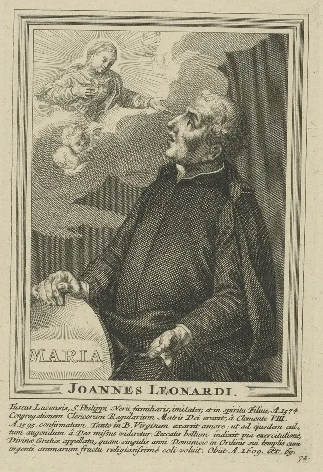 Engraving of John Leonardi, half-length in profile, in a priest's cassock and cloak, looking up at the Virgin Mary in the clouds with a cherub below her, his hand on a tablet lettered MARIA, with his name and a Latin inscription beneath