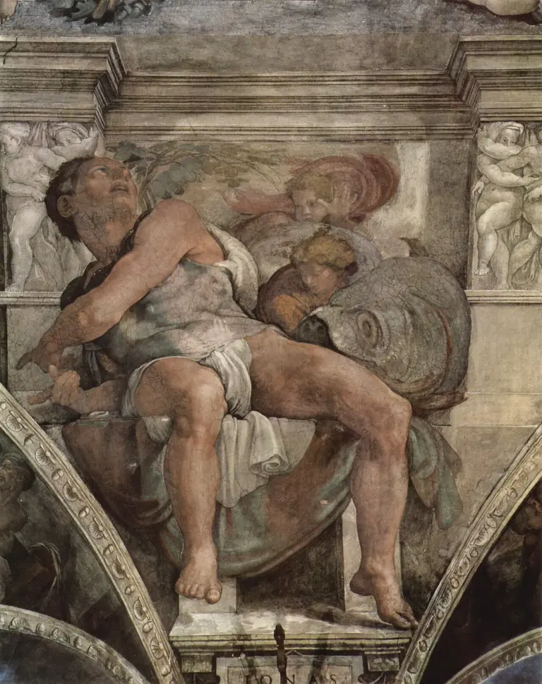 Fresco of a young, beardless man in a pale tunic seated on a stone ledge and thrown back with his face turned upward, both hands pointing down to his right, a great gray fish with a round eye behind him, two youths at his shoulder, leafy branches above his head, and a plaque below inscribed IONAS