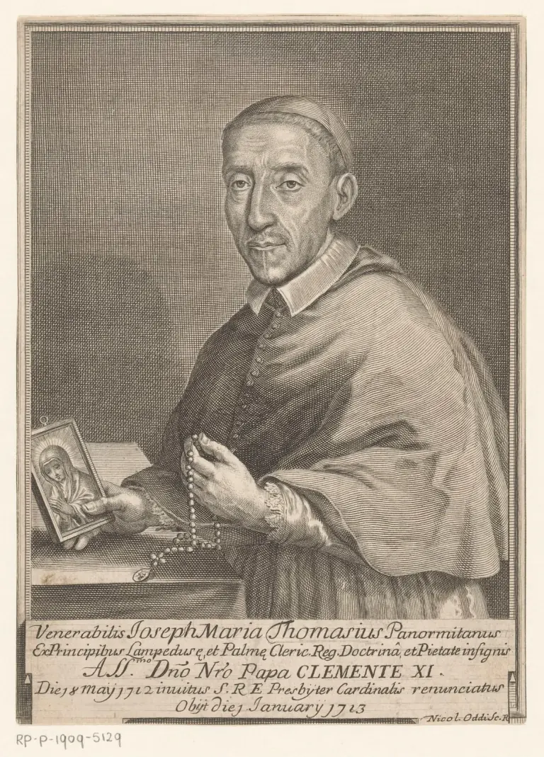 Engraved half-length portrait of a lean, clean-shaven older man in a cardinal's skullcap and short cape, holding a rosary in his right hand and a small framed picture of the praying Virgin in his left, above a Latin inscription naming him Joseph Maria Thomasius
