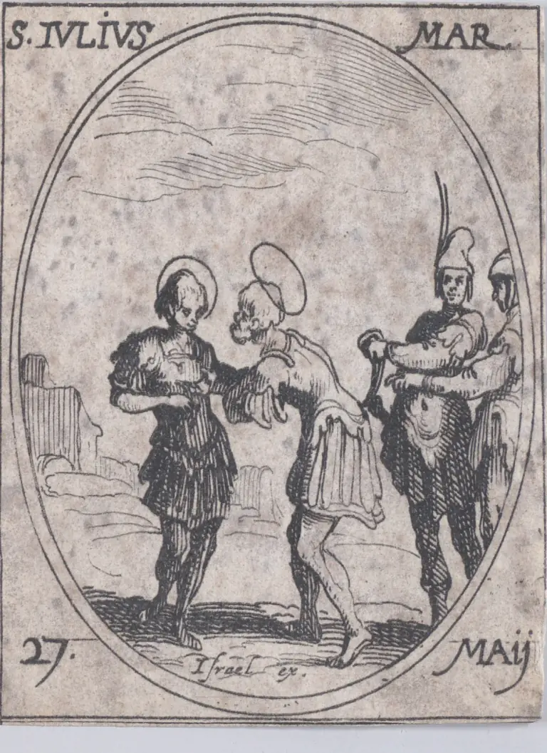 Small seventeenth-century etching in an oval frame of two haloed men greeting each other outdoors, a young man in a short soldier's tunic standing at left and an older man bending toward him with arms outstretched, while two soldiers, one in a plumed cap, stand close together at right, with ruins in the distance, inscribed S. Iulius Mar. and 27 Maij