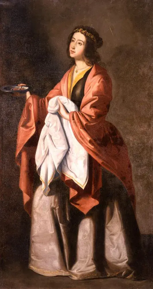Saint Lucy in a red cloak, holding a small dish with two eyes on it, painted by Francisco de Zurbarán