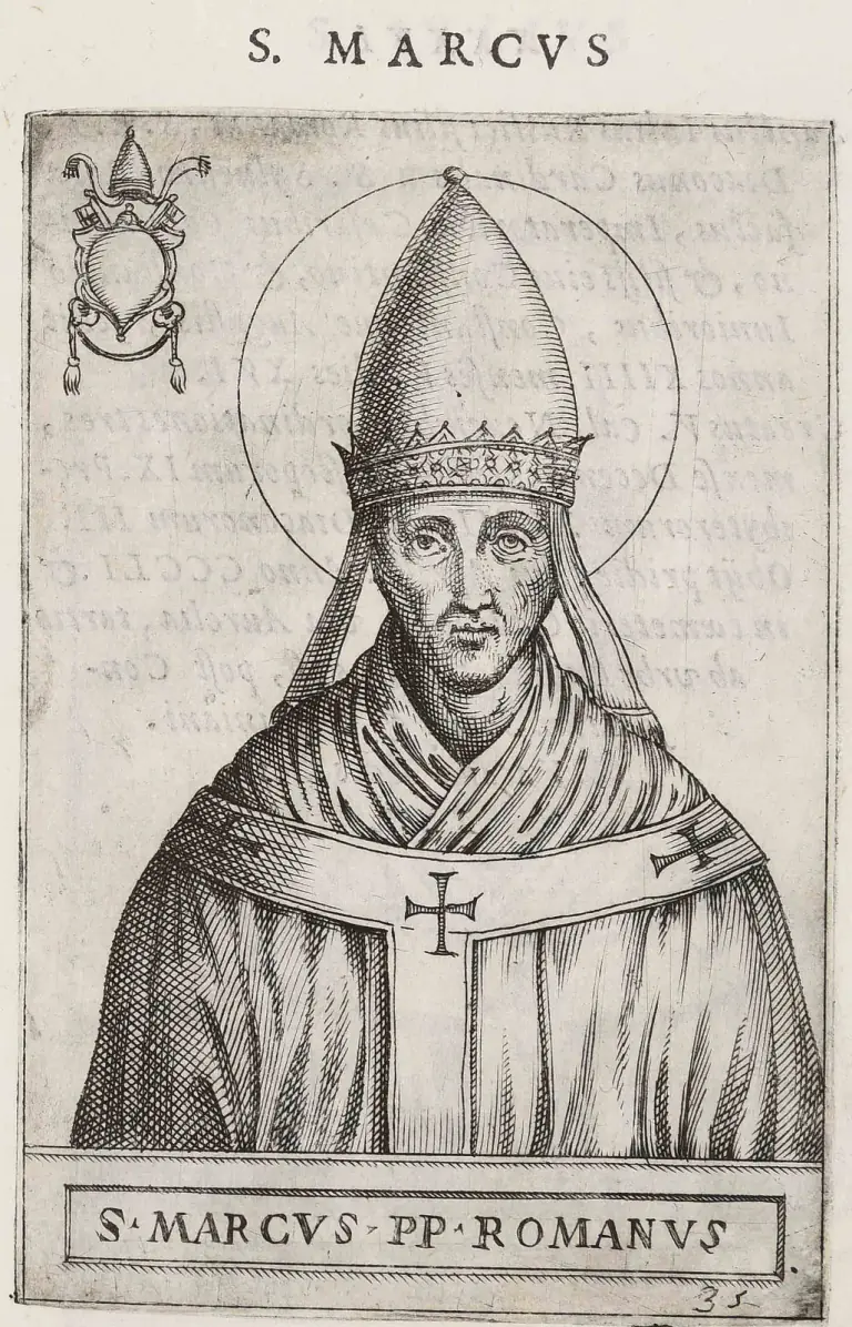 Sixteenth-century engraving of a clean-shaven pope with a halo, shown half-length in a tall conical tiara with long lappets and a pallium marked with crosses, the papal tiara and crossed keys over a blank shield in the upper corner, under the heading S. Marcus and above the caption S. Marcus PP Romanus