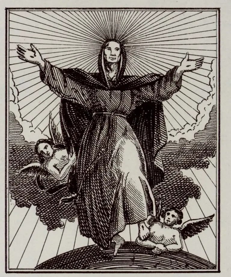 Nineteenth-century woodcut of a woman in a Franciscan habit and veil with a cord at her waist, standing on a globe with her arms spread wide in a burst of light, two cherubs among the clouds at her feet