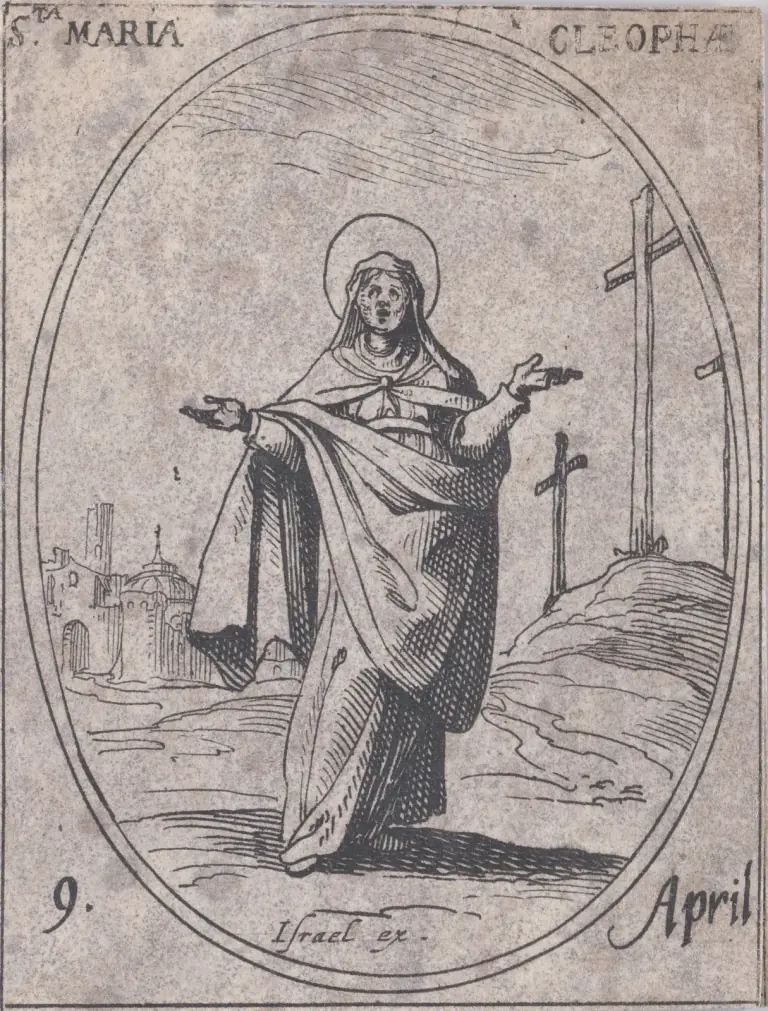 Pequeño aguafuerte del siglo XVII en un marco ovalado de una mujer con velo y aureola, de pie con los brazos abiertos y el rostro alzado, una ciudad amurallada con una cúpula a la izquierda y tres cruces sobre una colina a la derecha, con la inscripción S.ta Maria Cleophae y 9 April
