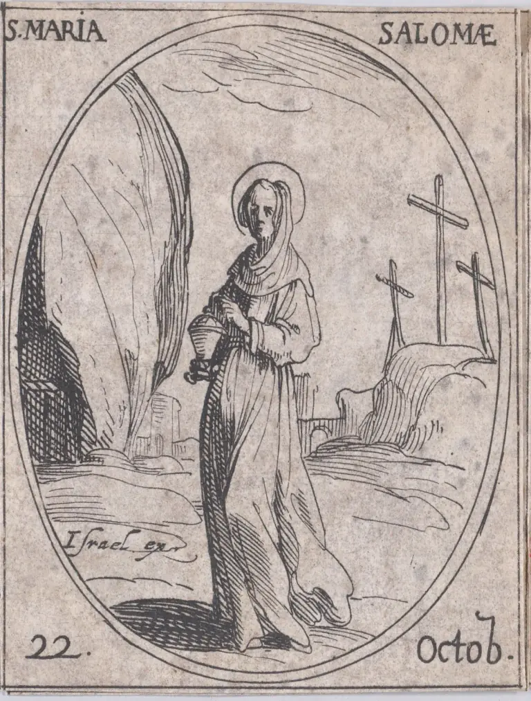 Pequeño aguafuerte del siglo XVII en un marco ovalado de una mujer con aureola, de pie, con un largo manto con capucha y un tarro de ungüento en las manos, con un oscuro sepulcro excavado en la roca a la izquierda y tres cruces sobre una colina a la derecha, una muralla al fondo, con la inscripción S. Maria Salomae y 22 Octob.