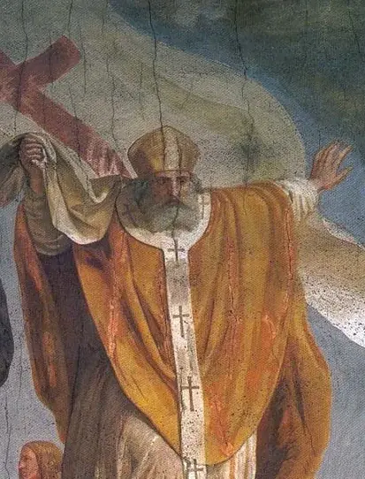 Detalle de un fresco del siglo XIX de un obispo de barba blanca con capa dorada y mitra, con los brazos abiertos mientras predica, bajo un estandarte claro con una cruz roja