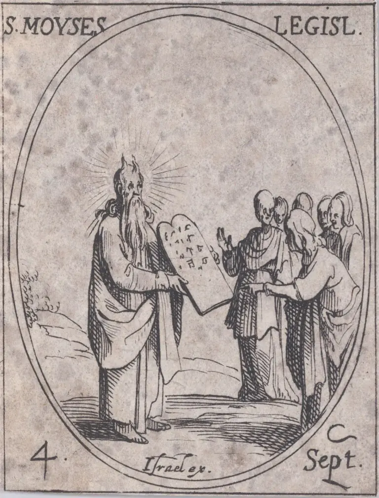 Small seventeenth-century etching in an oval frame of Moses with a long beard, rays of light around his head and two points of light rising from it, holding out the two tablets of the Law to a group of men at right, hills and a tree at left, inscribed S. Moyses Legisl. and 4 Sept.