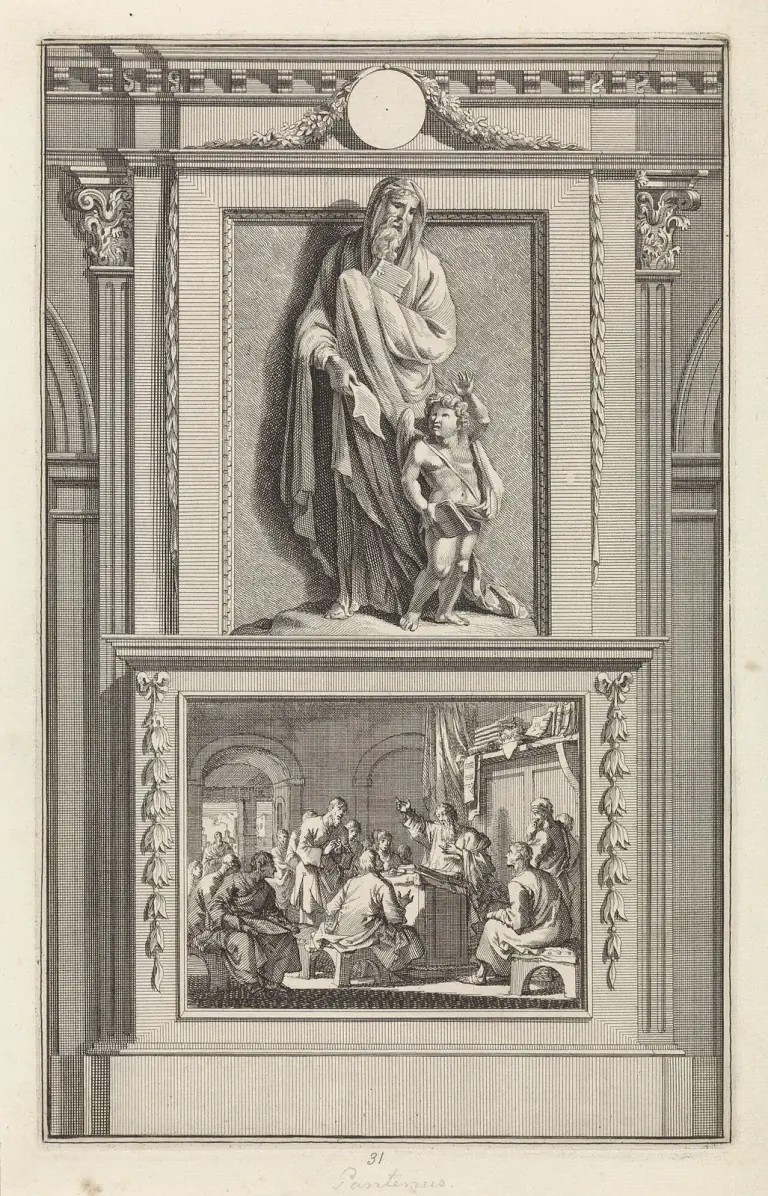 Late seventeenth-century etching of a bearded old man in a hooded mantle standing on a plinth in a classical architectural frame, holding a book and a sheet of paper, with a winged child holding a book beside him; in a panel below he teaches from a lectern to a crowded room of seated students