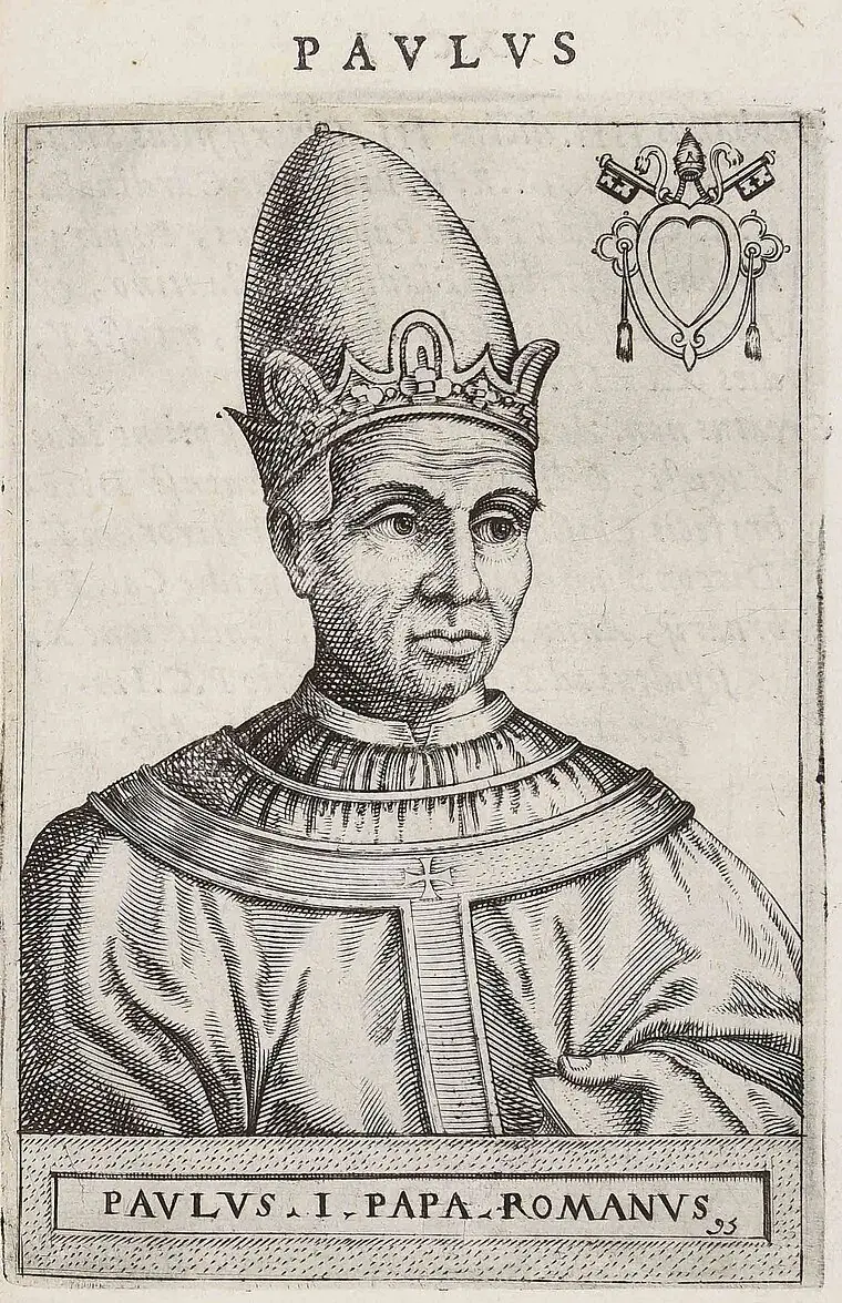 Sixteenth-century engraving of a beardless, lined pope in a tall conical tiara with a jeweled crown at its base, wearing a cope with a broad band marked by a small cross, a blank heart-shaped shield under a tiara and crossed keys at upper right, under the heading Paulus and above the caption Paulus I Papa Romanus